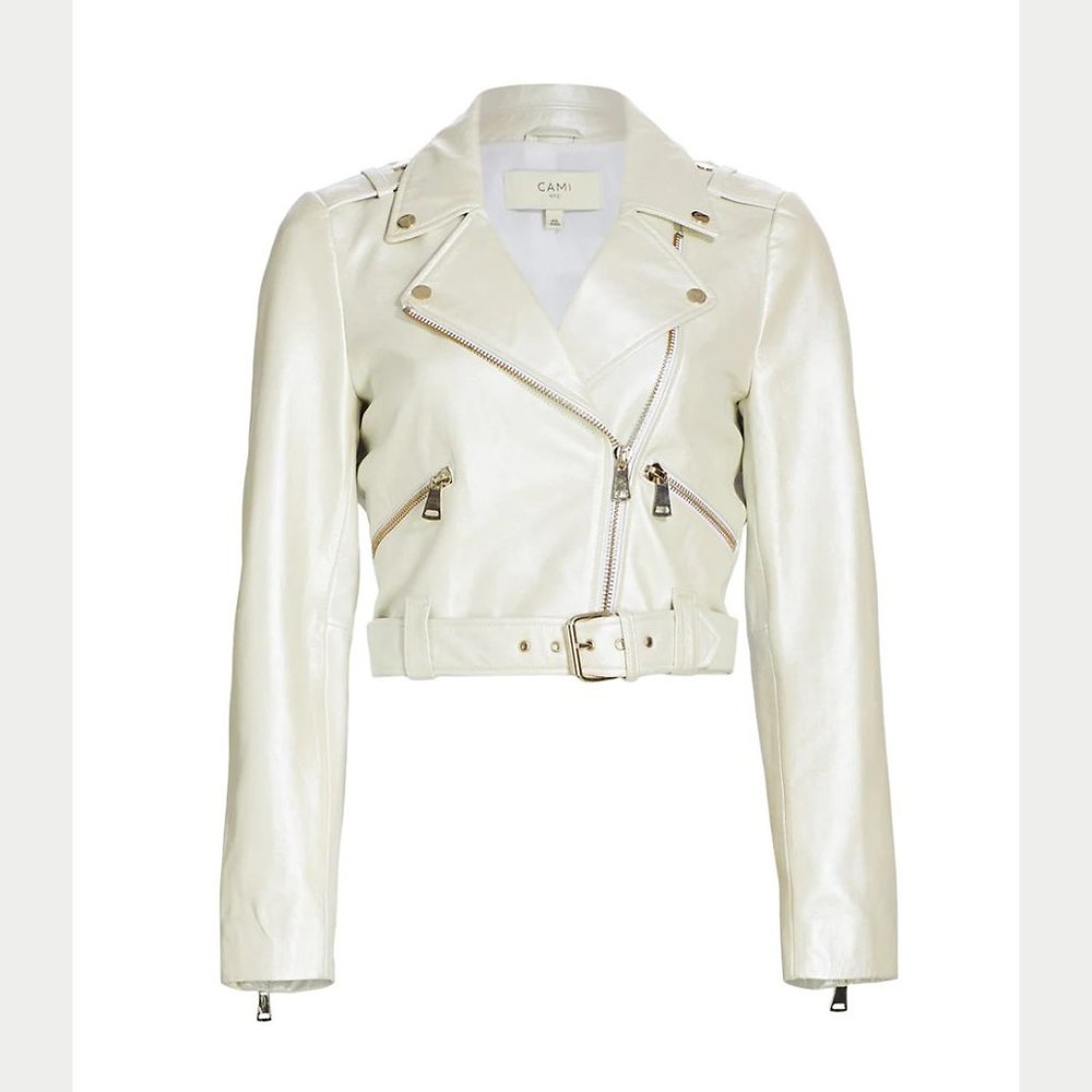 NEW Cami NYC Size Large Women's Kali Lamb Leather Moto Jacket - Pearl